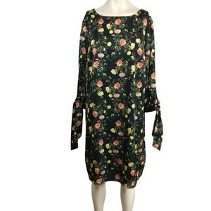 Banana Republic Floral Print Long Sleeve Tie Cuff Dress Black Multi Size 14